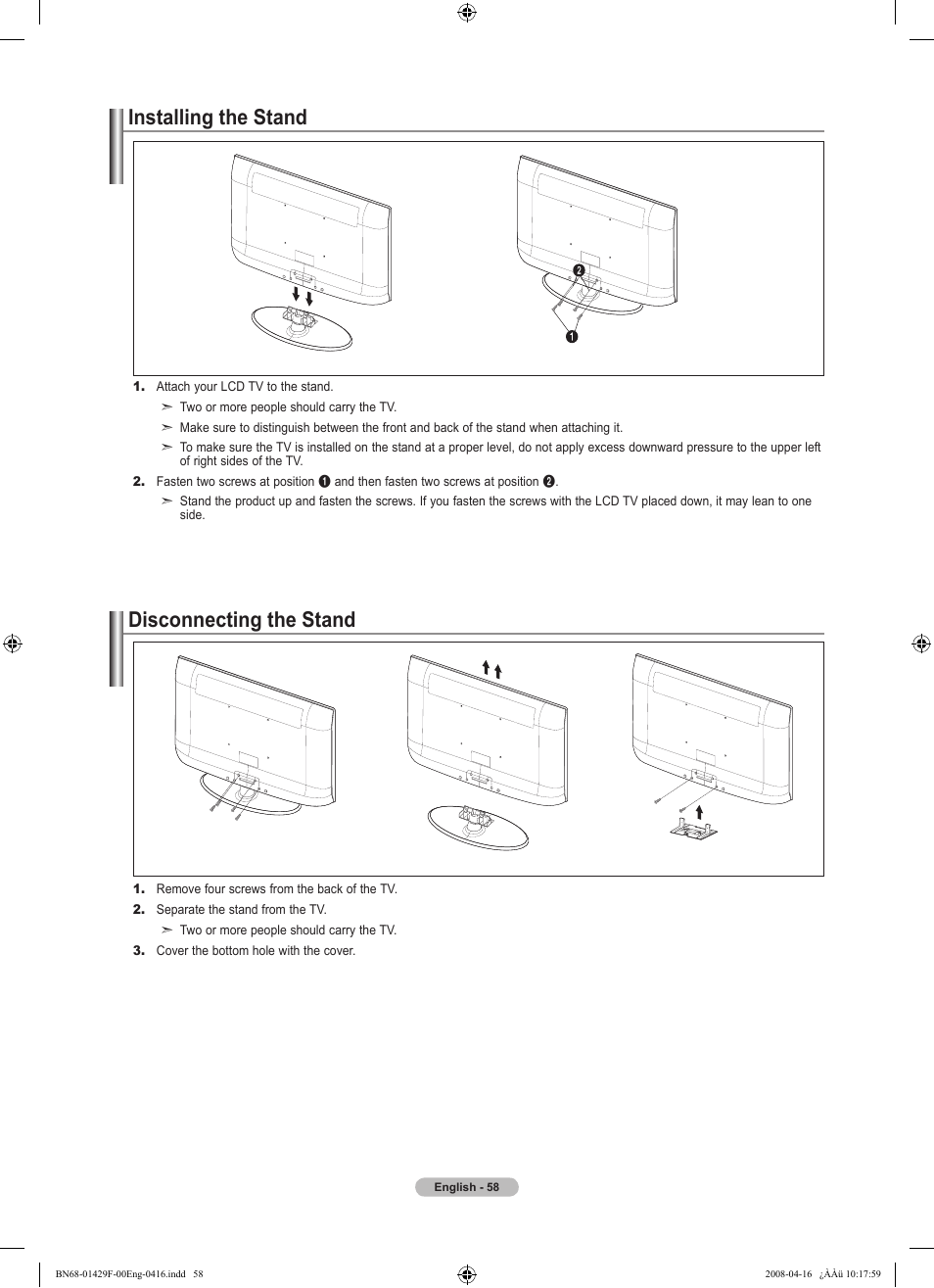 Installing the stand, Disconnecting the stand, Installing the stand disconnecting the stand | Samsung LN52A610A3RXZP User Manual | Page 60 / 129