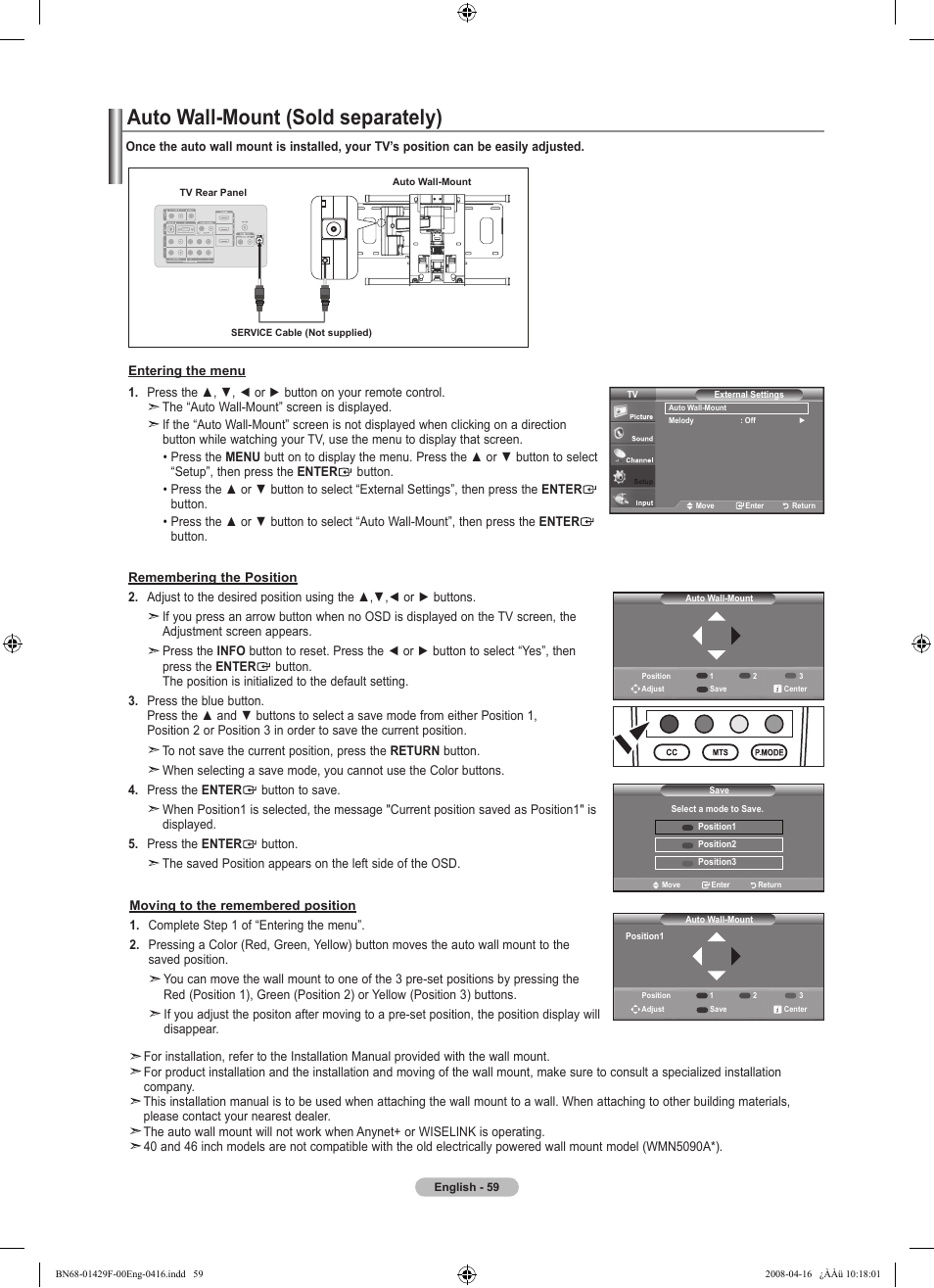 Auto wall-mount (sold separately) | Samsung LN52A610A3RXZP User Manual | Page 61 / 129