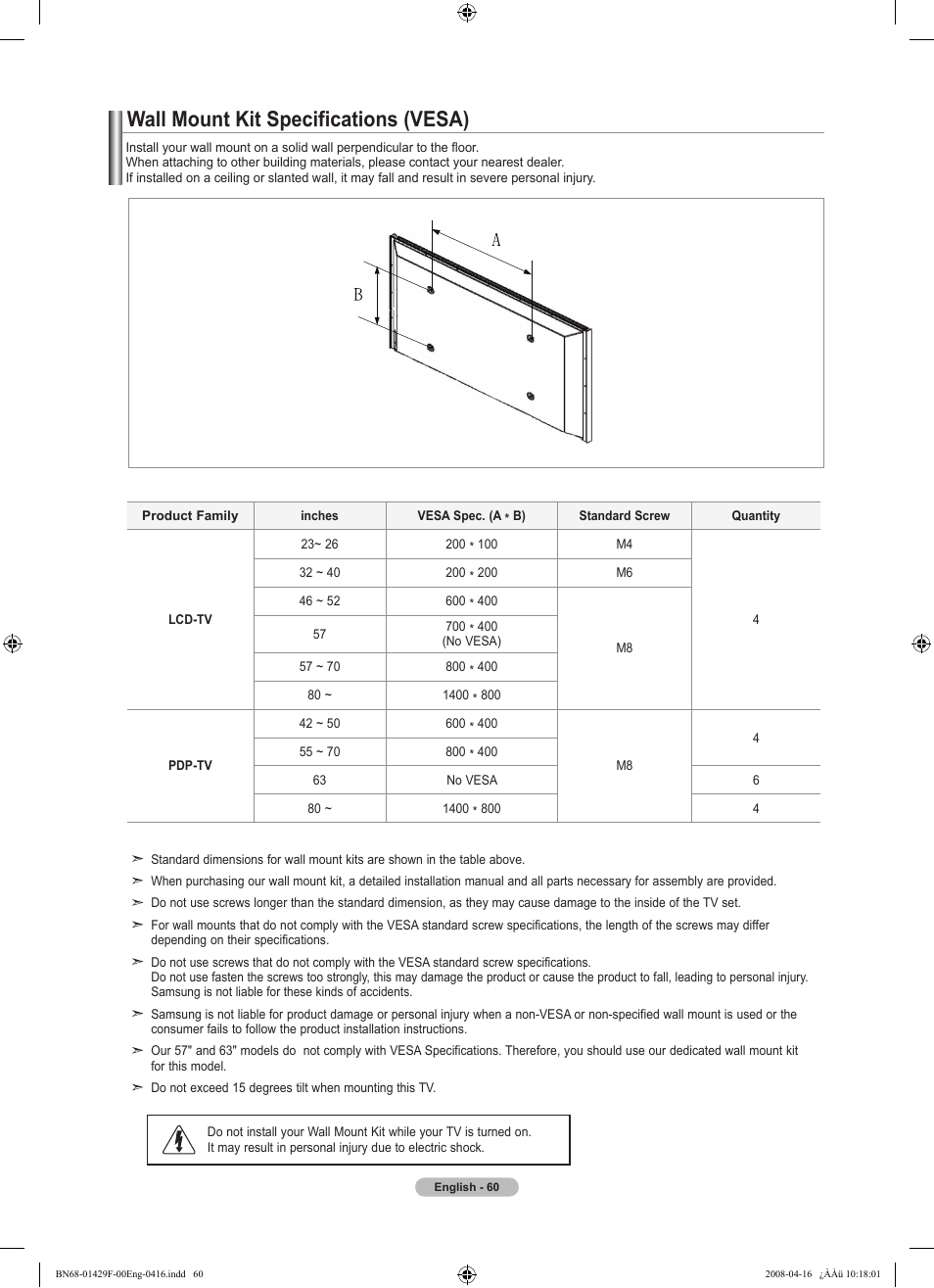 Wall mount kit specifications (vesa) | Samsung LN52A610A3RXZP User Manual | Page 62 / 129