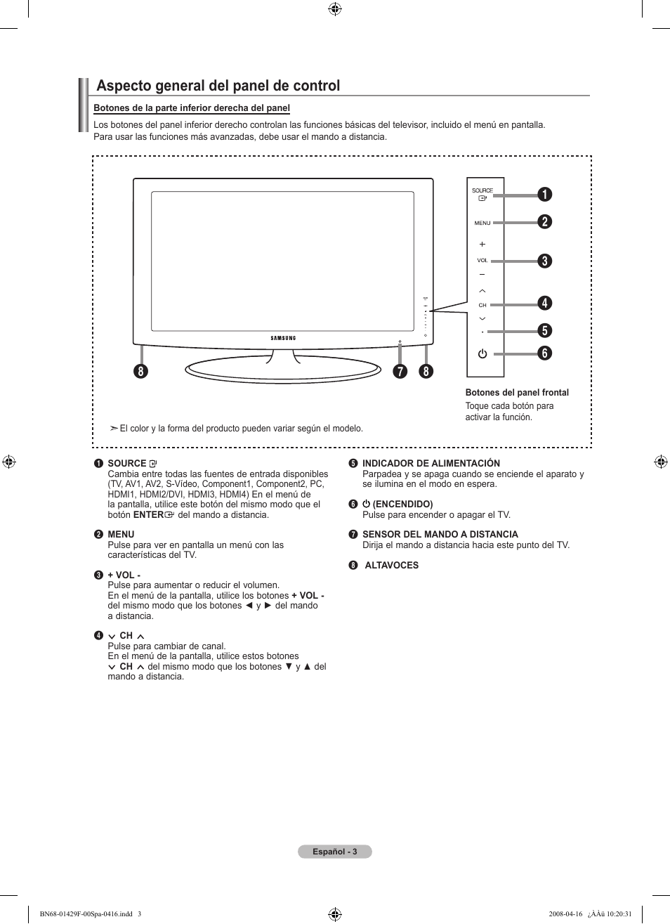 Aspecto general del panel de control | Samsung LN52A610A3RXZP User Manual | Page 69 / 129