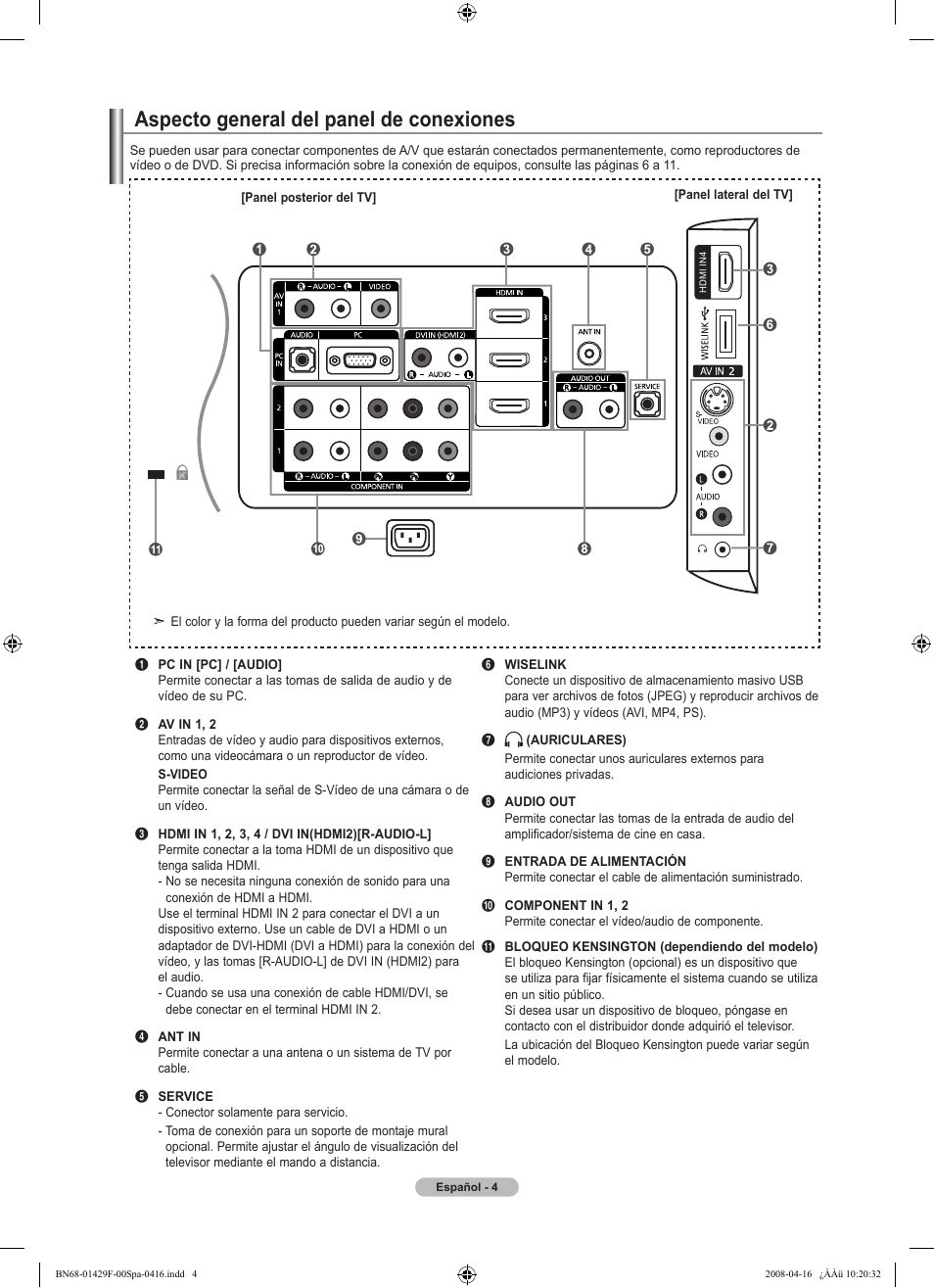 Aspecto general del panel de conexiones | Samsung LN52A610A3RXZP User Manual | Page 70 / 129