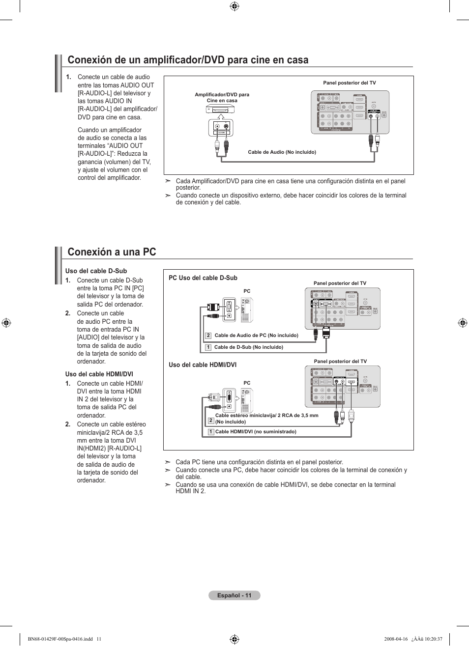 Conexión de un amplificador/dvd para cine en casa, Conexión a una pc | Samsung LN52A610A3RXZP User Manual | Page 77 / 129