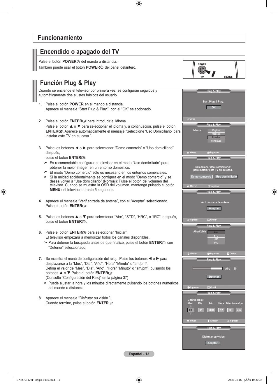 Función plug & play, Encendido o apagado del tv, Funcionamiento | Samsung LN52A610A3RXZP User Manual | Page 78 / 129