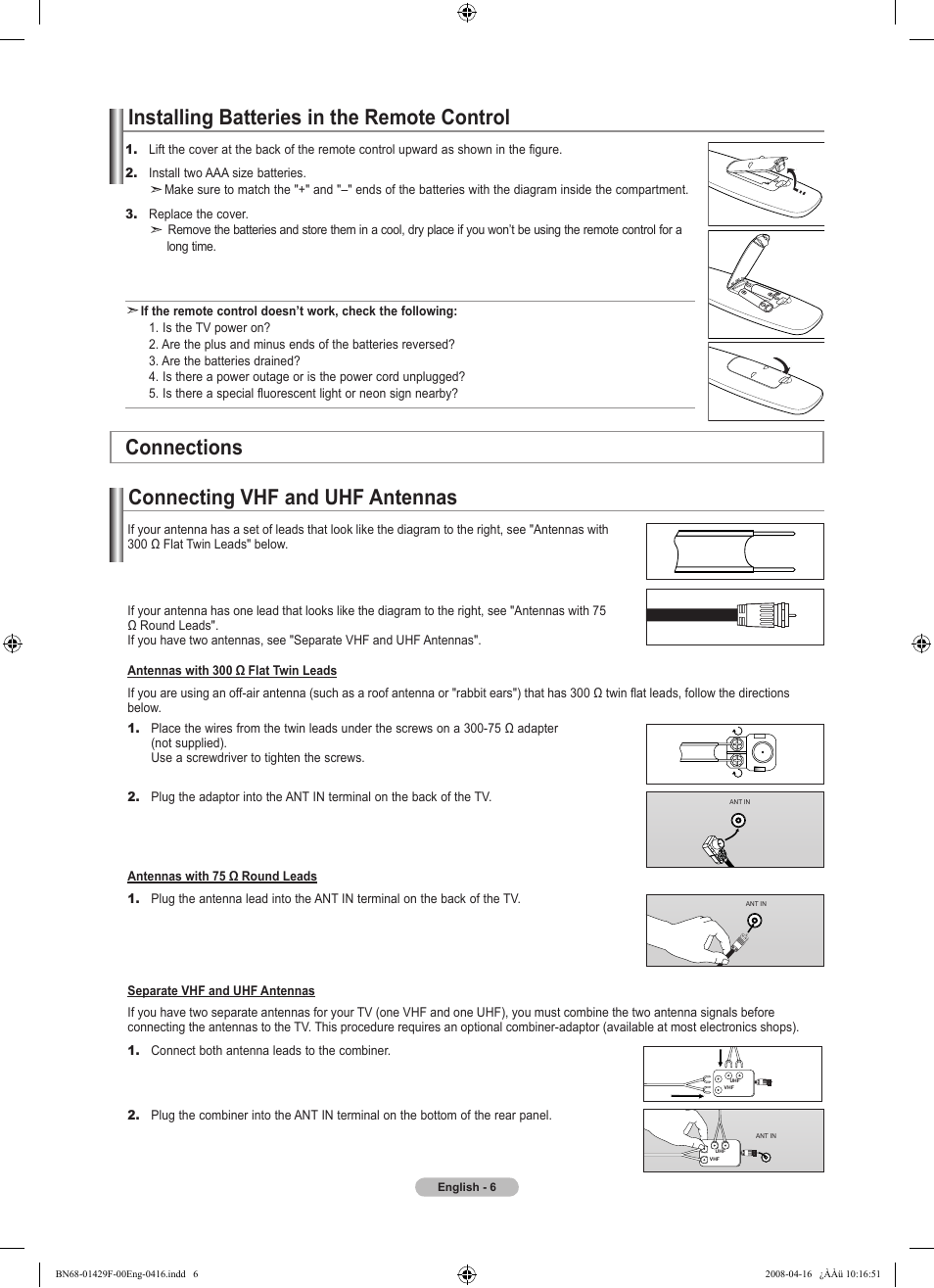 Installing batteries in the remote control, Connections, Connecting vhf and uhf antennas | Samsung LN52A610A3RXZP User Manual | Page 8 / 129
