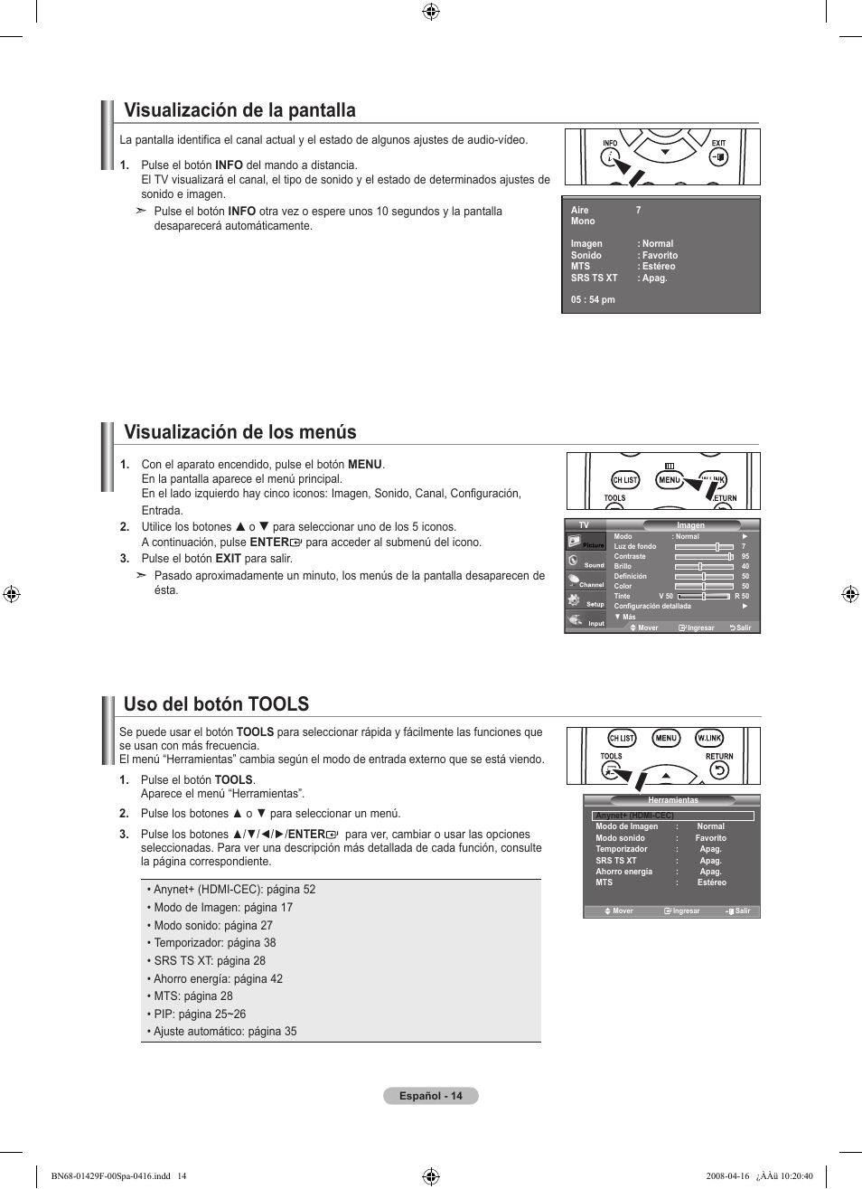 Visualización de la pantalla, Visualización de los menús, Uso del botón tools | Samsung LN52A610A3RXZP User Manual | Page 80 / 129