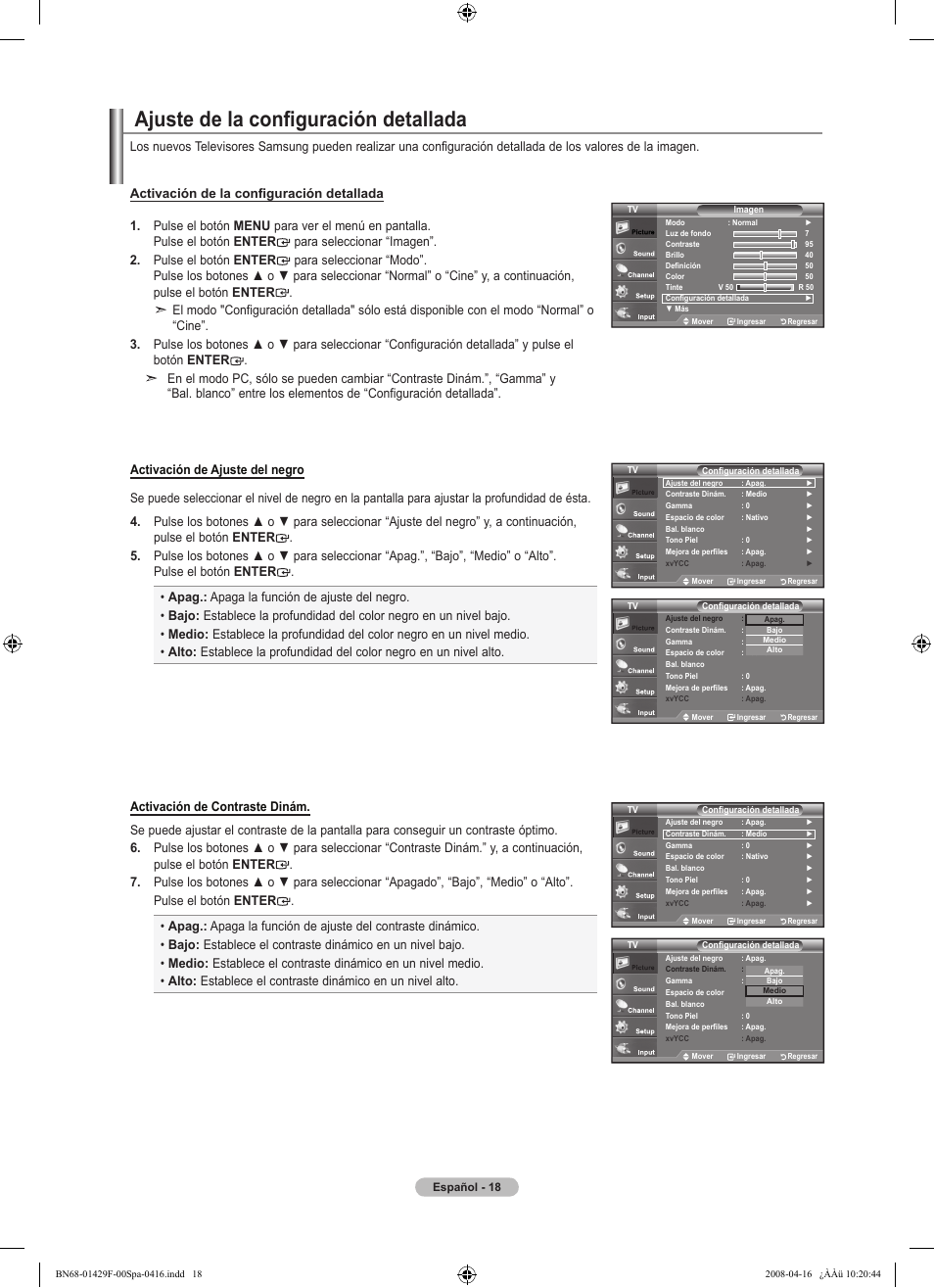 Ajuste de la configuración detallada | Samsung LN52A610A3RXZP User Manual | Page 84 / 129