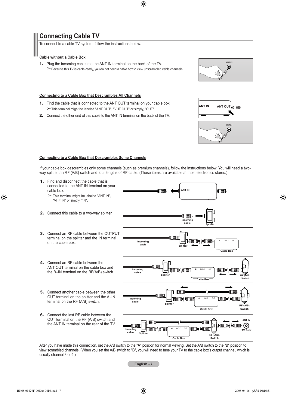 Connecting cable tv | Samsung LN52A610A3RXZP User Manual | Page 9 / 129