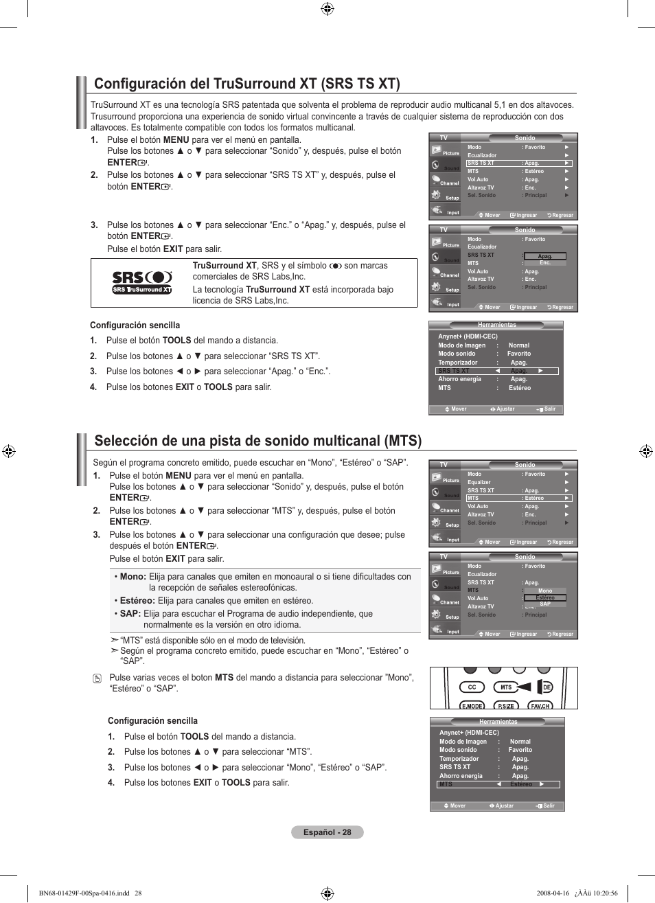 Configuración del trusurround xt (srs ts xt), Selección de una pista de sonido multicanal (mts) | Samsung LN52A610A3RXZP User Manual | Page 94 / 129