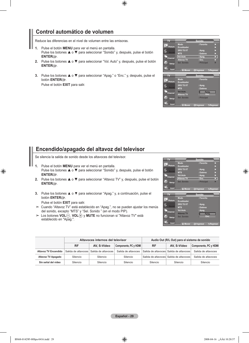 Control automático de volumen, Encendido/apagado del altavoz del televisor | Samsung LN52A610A3RXZP User Manual | Page 95 / 129