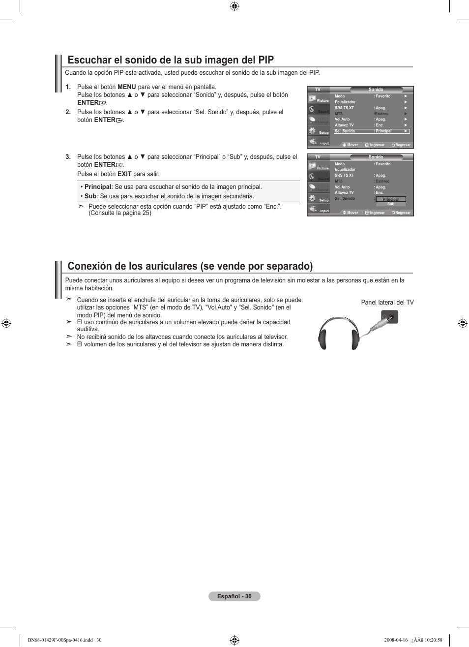 Escuchar el sonido de la sub imagen del pip | Samsung LN52A610A3RXZP User Manual | Page 96 / 129
