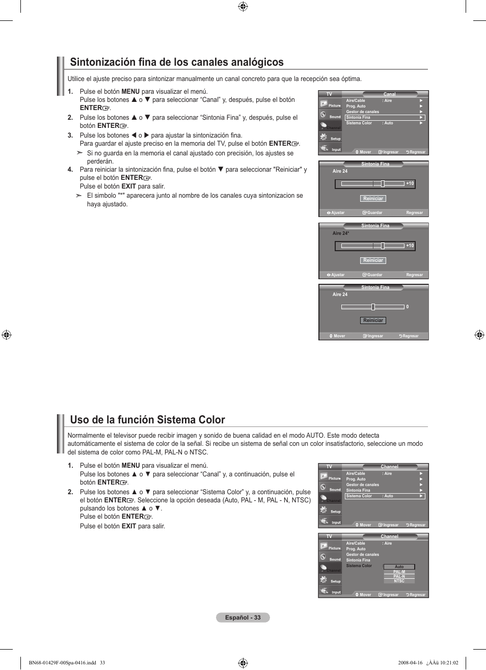 Sintonización fina de los canales analógicos, Uso de la función sistema color | Samsung LN52A610A3RXZP User Manual | Page 99 / 129