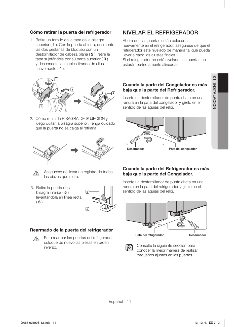 Nivelar el refrigerador | Samsung RSG309AARS-XAA User Manual | Page 103 / 184