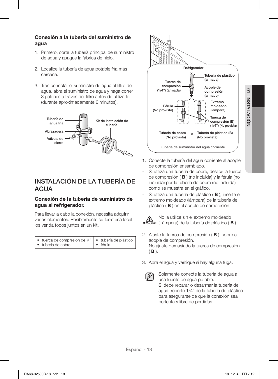 Instalación de la tubería de agua, Conexión a la tubería del suministro de agua | Samsung RSG309AARS-XAA User Manual | Page 105 / 184