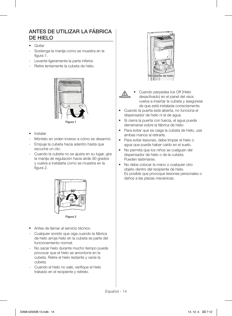 Antes de utilizar la fábrica de hielo | Samsung RSG309AARS-XAA User Manual | Page 106 / 184