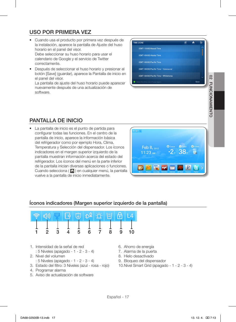 Uso por primera vez, Pantalla de inicio | Samsung RSG309AARS-XAA User Manual | Page 109 / 184