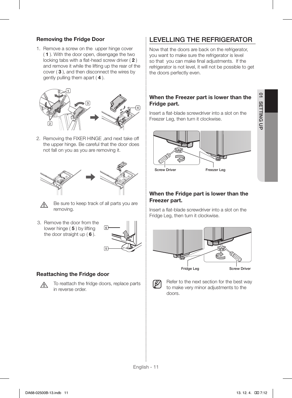 Levelling the refrigerator | Samsung RSG309AARS-XAA User Manual | Page 11 / 184