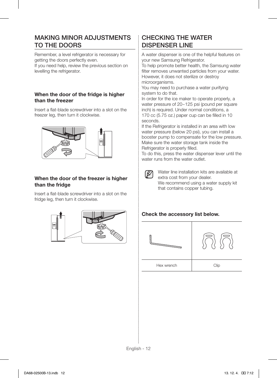 Making minor adjustments to the doors, Checking the water dispenser line | Samsung RSG309AARS-XAA User Manual | Page 12 / 184