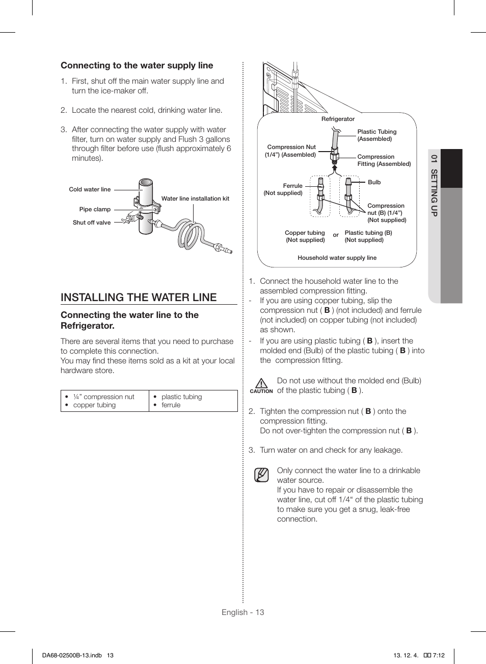 Installing the water line | Samsung RSG309AARS-XAA User Manual | Page 13 / 184