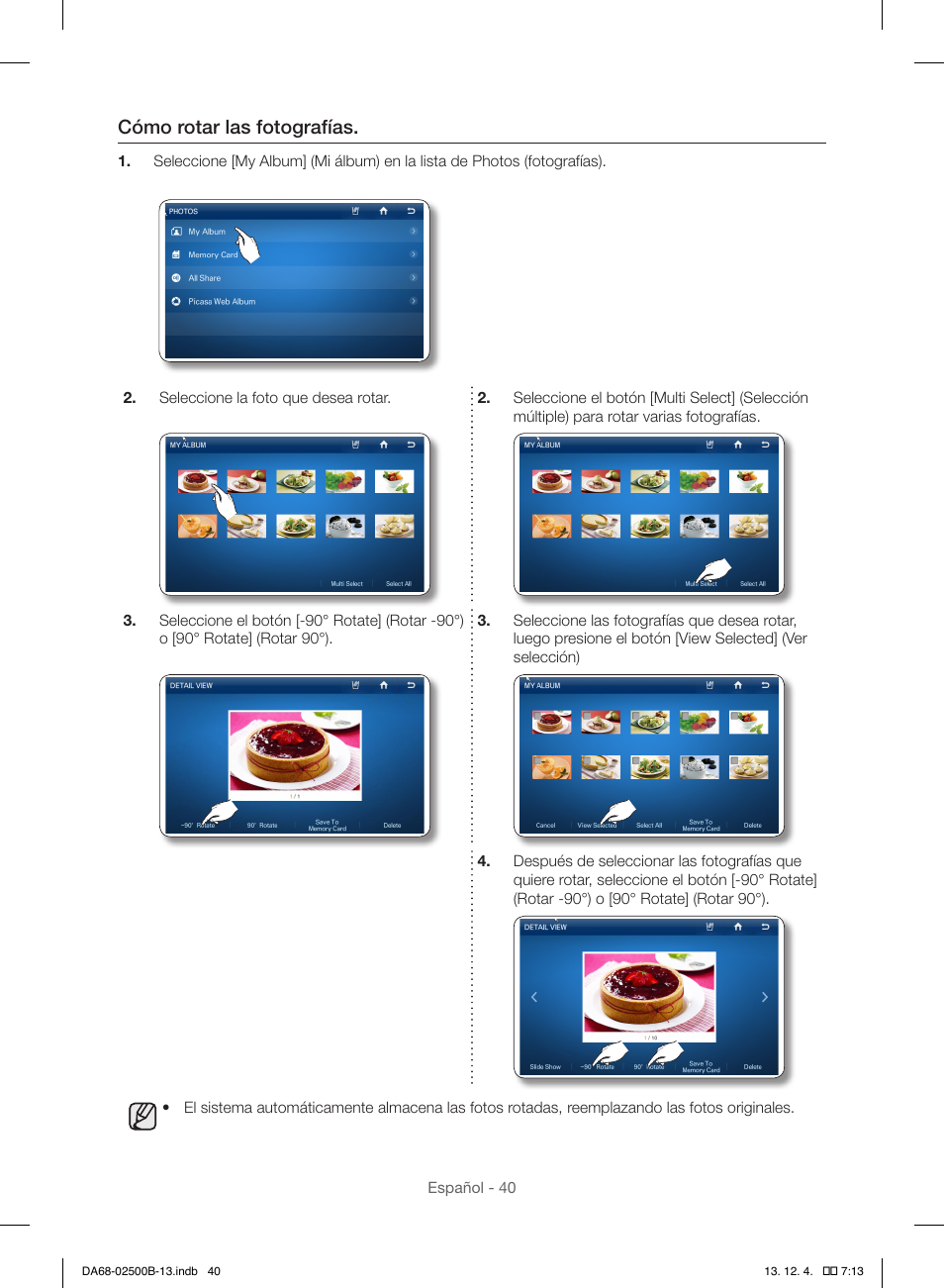 Cómo rotar las fotografías | Samsung RSG309AARS-XAA User Manual | Page 132 / 184