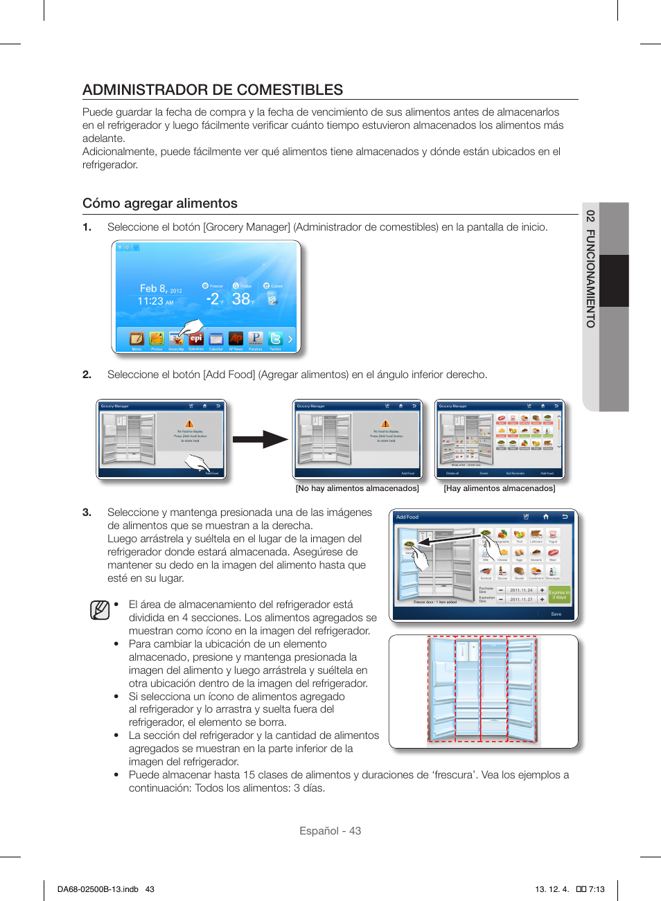 Administrador de comestibles, Cómo agregar alimentos | Samsung RSG309AARS-XAA User Manual | Page 135 / 184