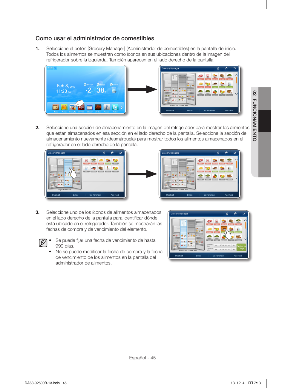 Como usar el administrador de comestibles | Samsung RSG309AARS-XAA User Manual | Page 137 / 184