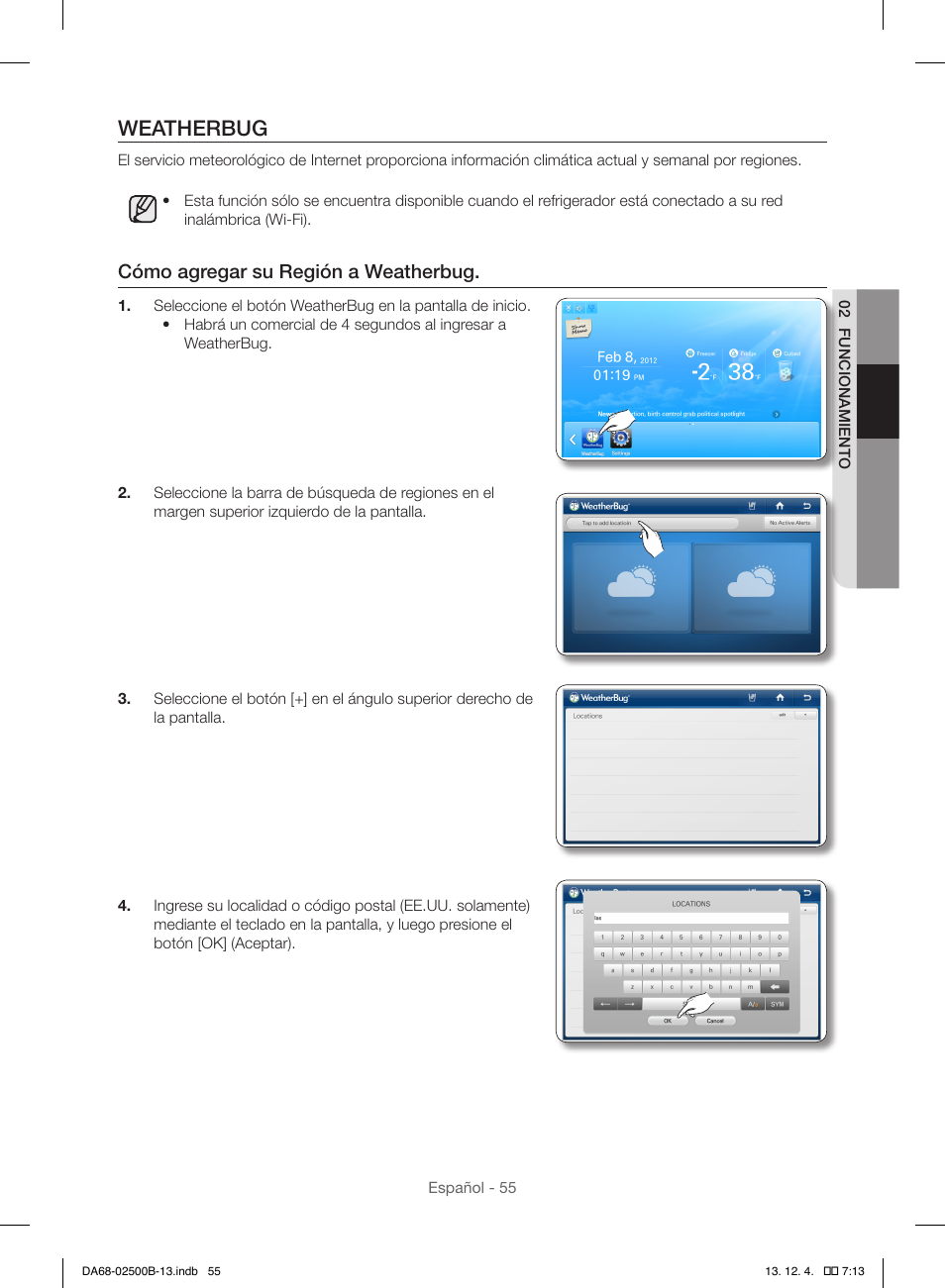 Weatherbug, Cómo agregar su región a weatherbug | Samsung RSG309AARS-XAA User Manual | Page 147 / 184