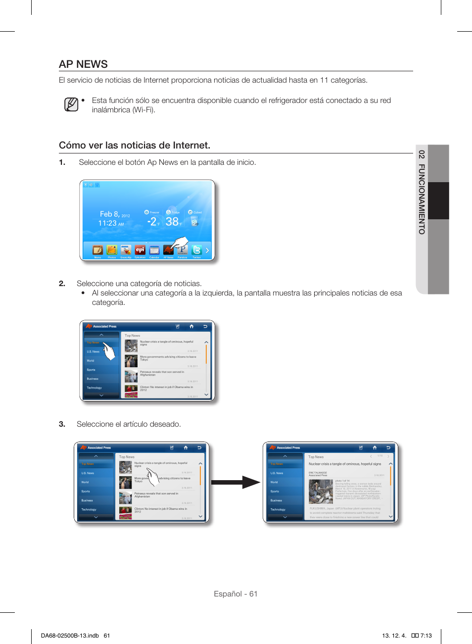 Ap news, Cómo ver las noticias de internet | Samsung RSG309AARS-XAA User Manual | Page 153 / 184