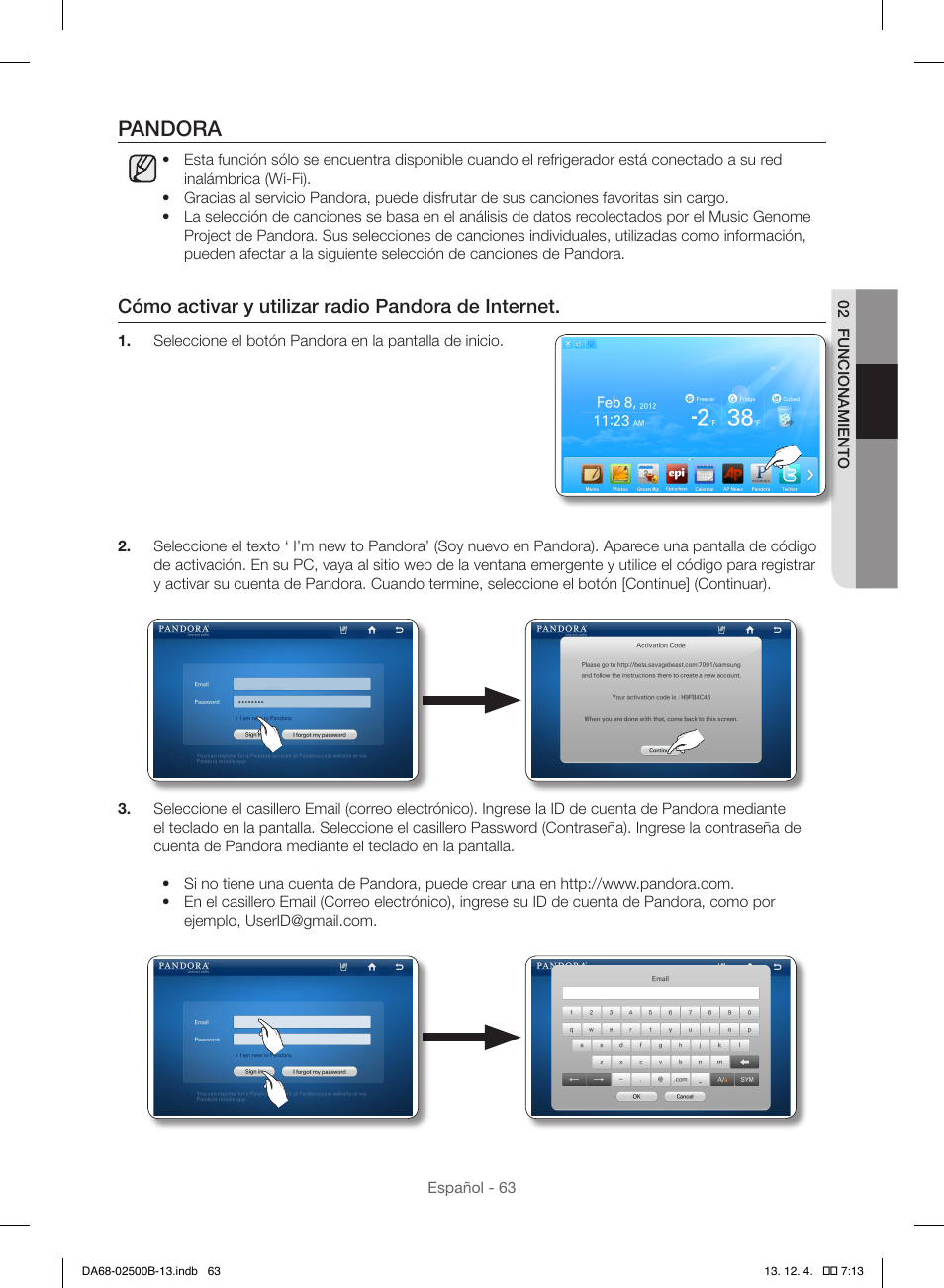 Pandora, Cómo activar y utilizar radio pandora de internet | Samsung RSG309AARS-XAA User Manual | Page 155 / 184