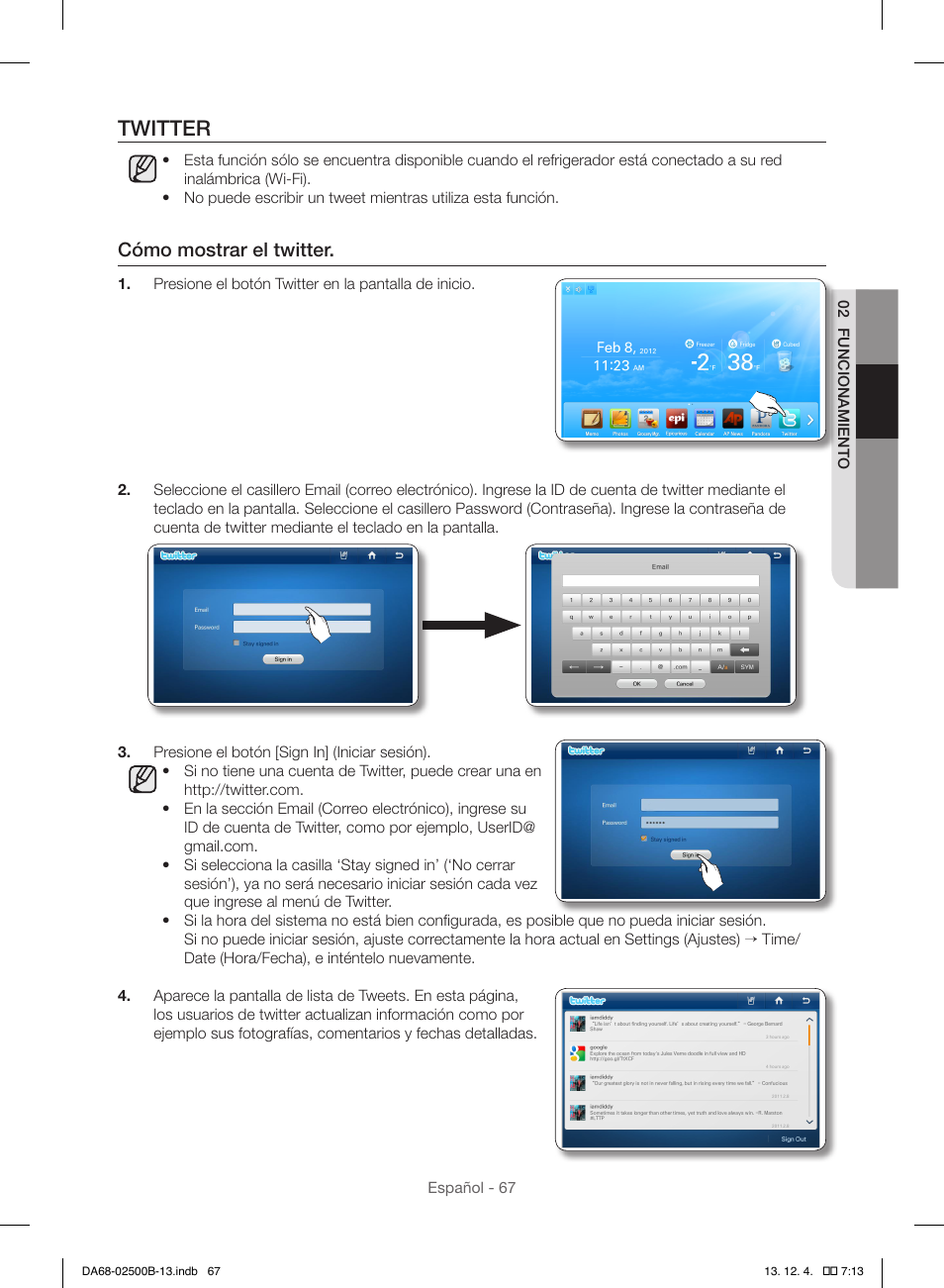 Twitter, Cómo mostrar el twitter | Samsung RSG309AARS-XAA User Manual | Page 159 / 184