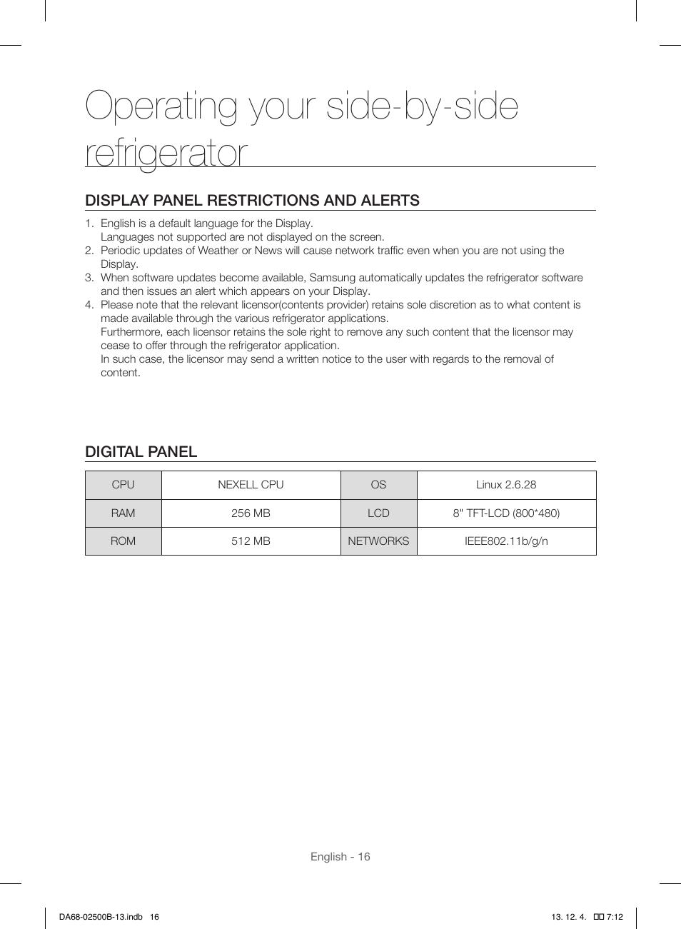Operating your side-by-side refrigerator, Display panel restrictions and alerts, Digital panel | Samsung RSG309AARS-XAA User Manual | Page 16 / 184