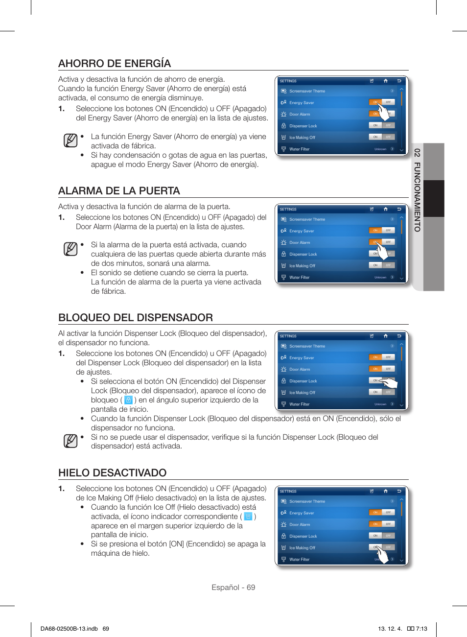 Ahorro de energía, Alarma de la puerta, Bloqueo del dispensador | Hielo desactivado | Samsung RSG309AARS-XAA User Manual | Page 161 / 184