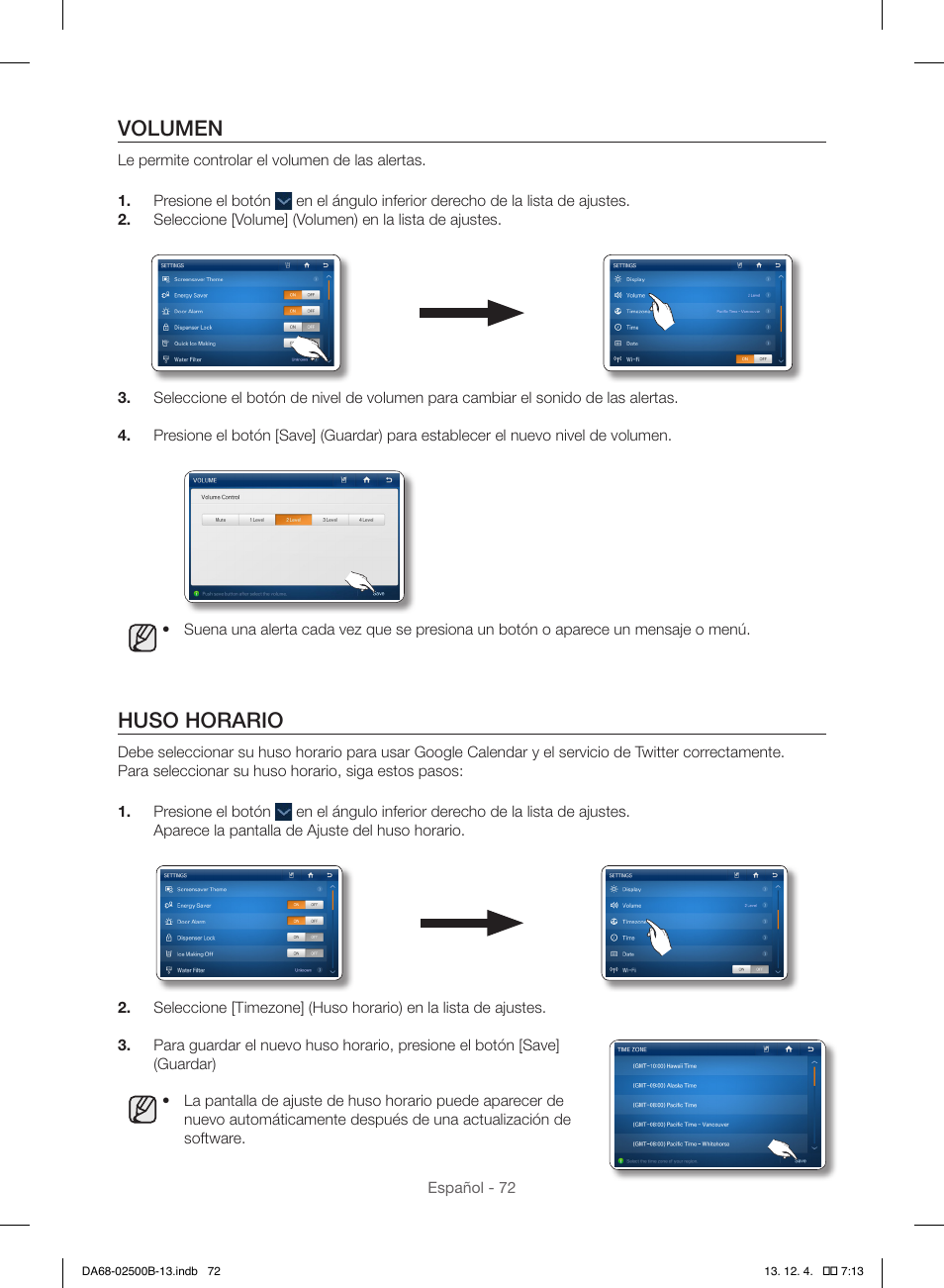 Volumen, Huso horario | Samsung RSG309AARS-XAA User Manual | Page 164 / 184