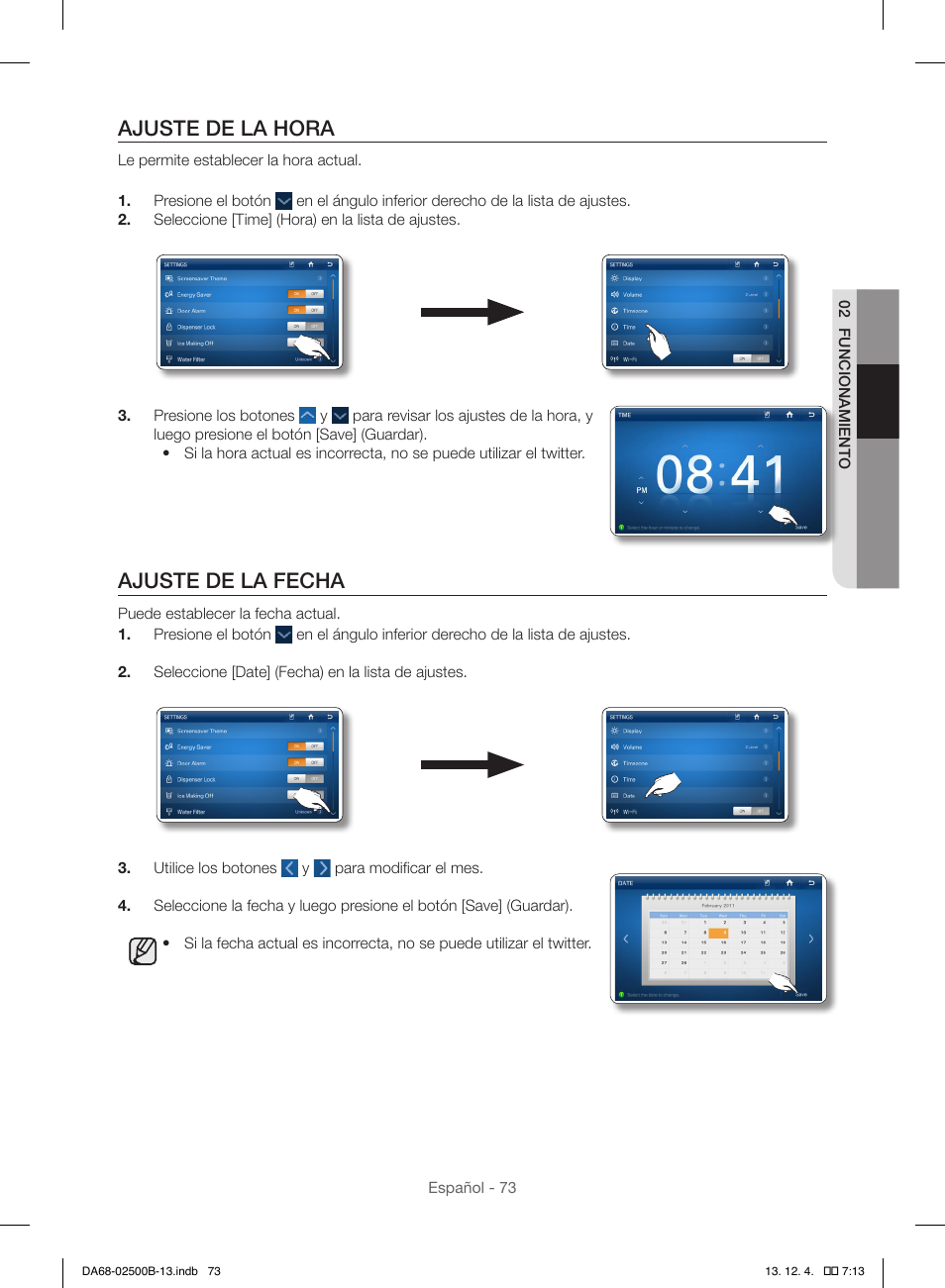 Ajuste de la hora, Ajuste de la fecha | Samsung RSG309AARS-XAA User Manual | Page 165 / 184