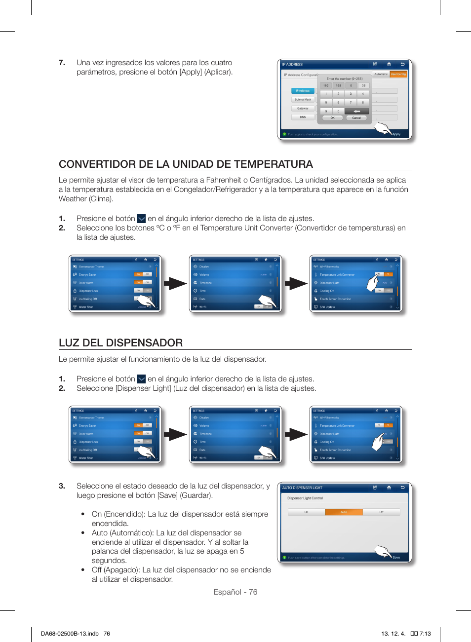 Convertidor de la unidad de temperatura, Luz del dispensador | Samsung RSG309AARS-XAA User Manual | Page 168 / 184