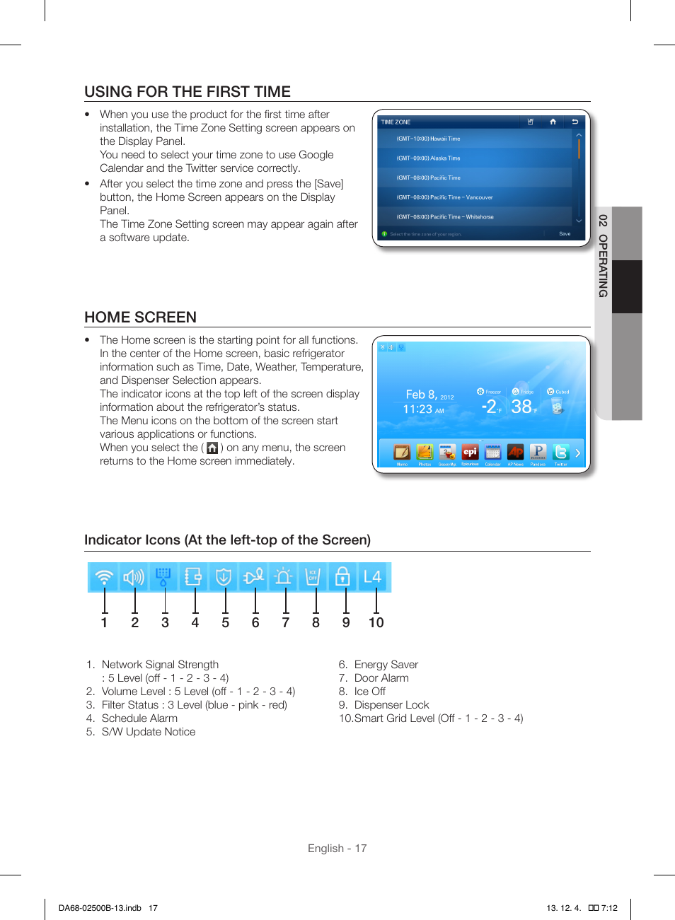 Using for the first time, Home screen | Samsung RSG309AARS-XAA User Manual | Page 17 / 184
