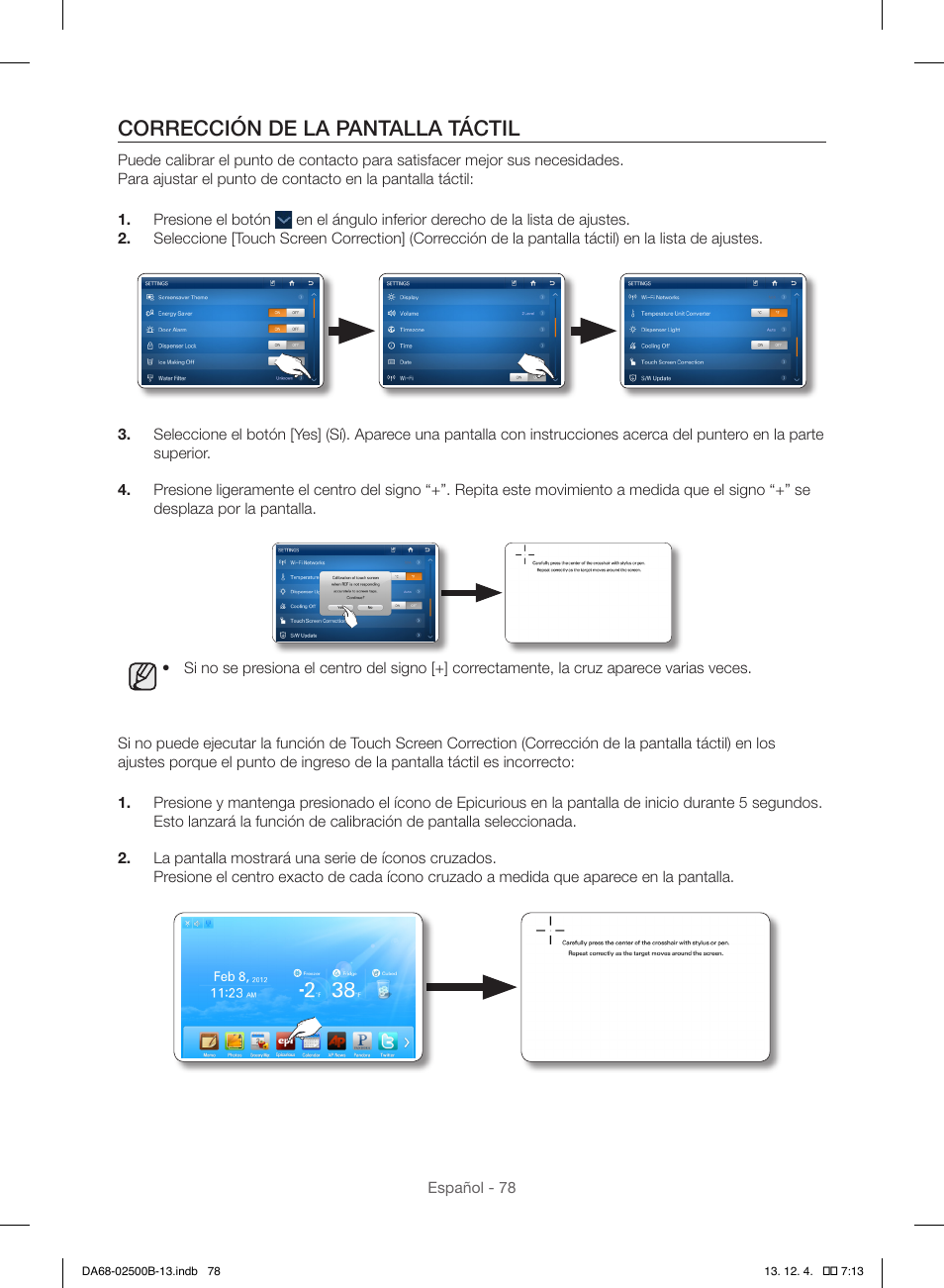 Corrección de la pantalla táctil | Samsung RSG309AARS-XAA User Manual | Page 170 / 184