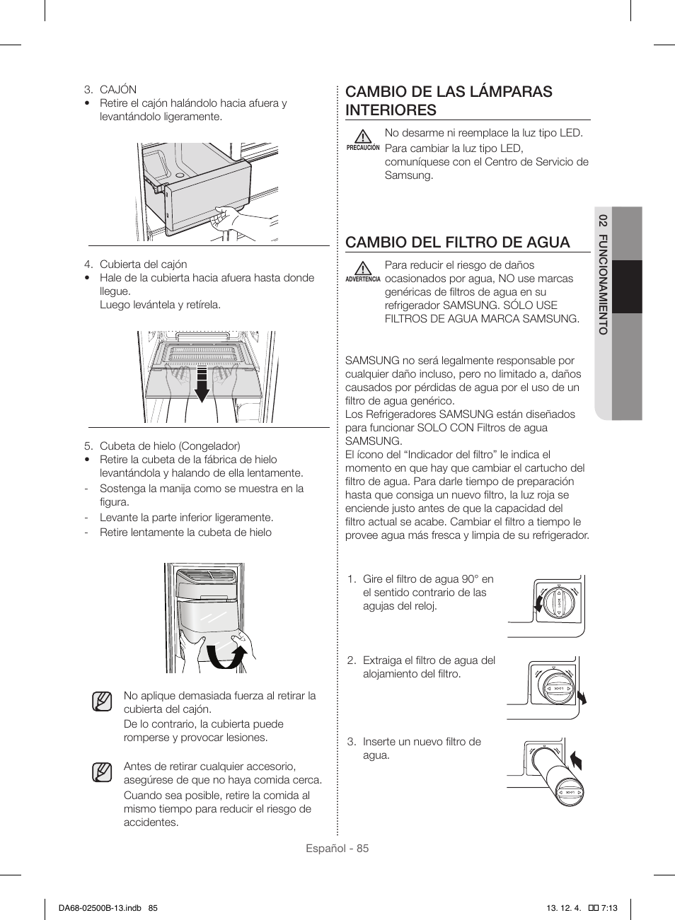 Cambio de las lámparas interiores, Cambio del filtro de agua | Samsung RSG309AARS-XAA User Manual | Page 177 / 184