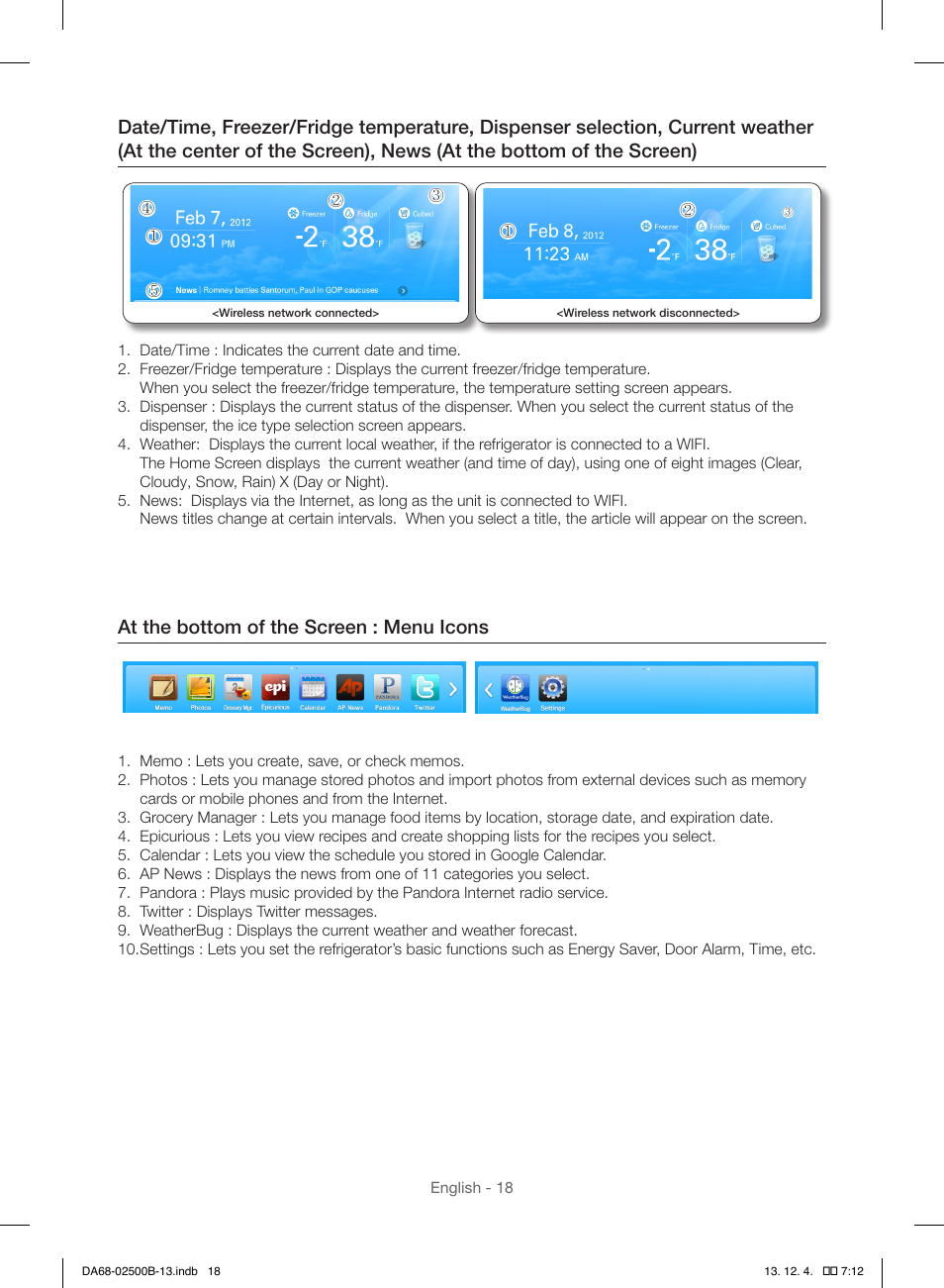 At the bottom of the screen : menu icons | Samsung RSG309AARS-XAA User Manual | Page 18 / 184