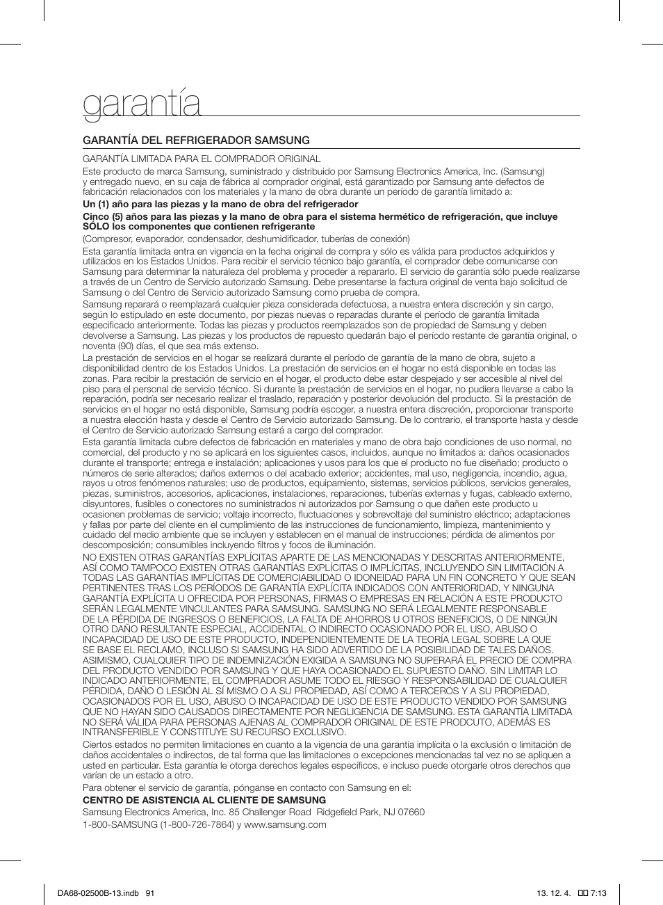 Garantía | Samsung RSG309AARS-XAA User Manual | Page 183 / 184