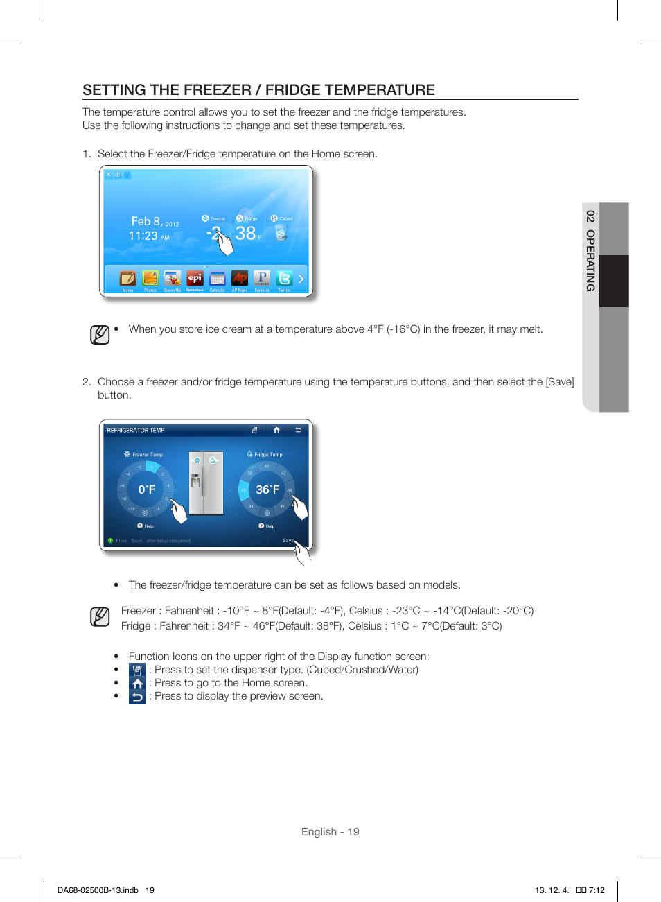 Setting the freezer / fridge temperature | Samsung RSG309AARS-XAA User Manual | Page 19 / 184
