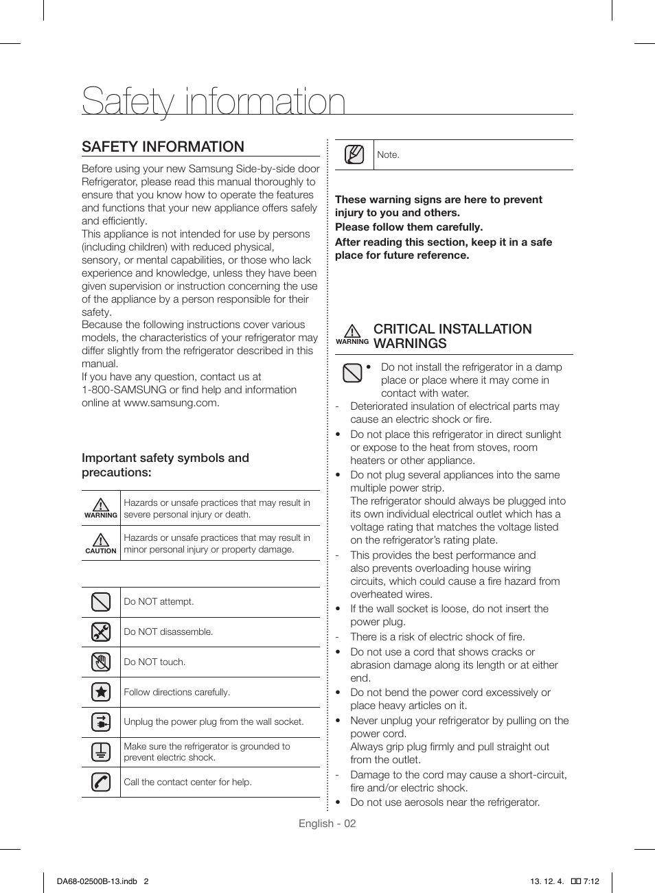 Safety information, Critical installation warnings | Samsung RSG309AARS-XAA User Manual | Page 2 / 184