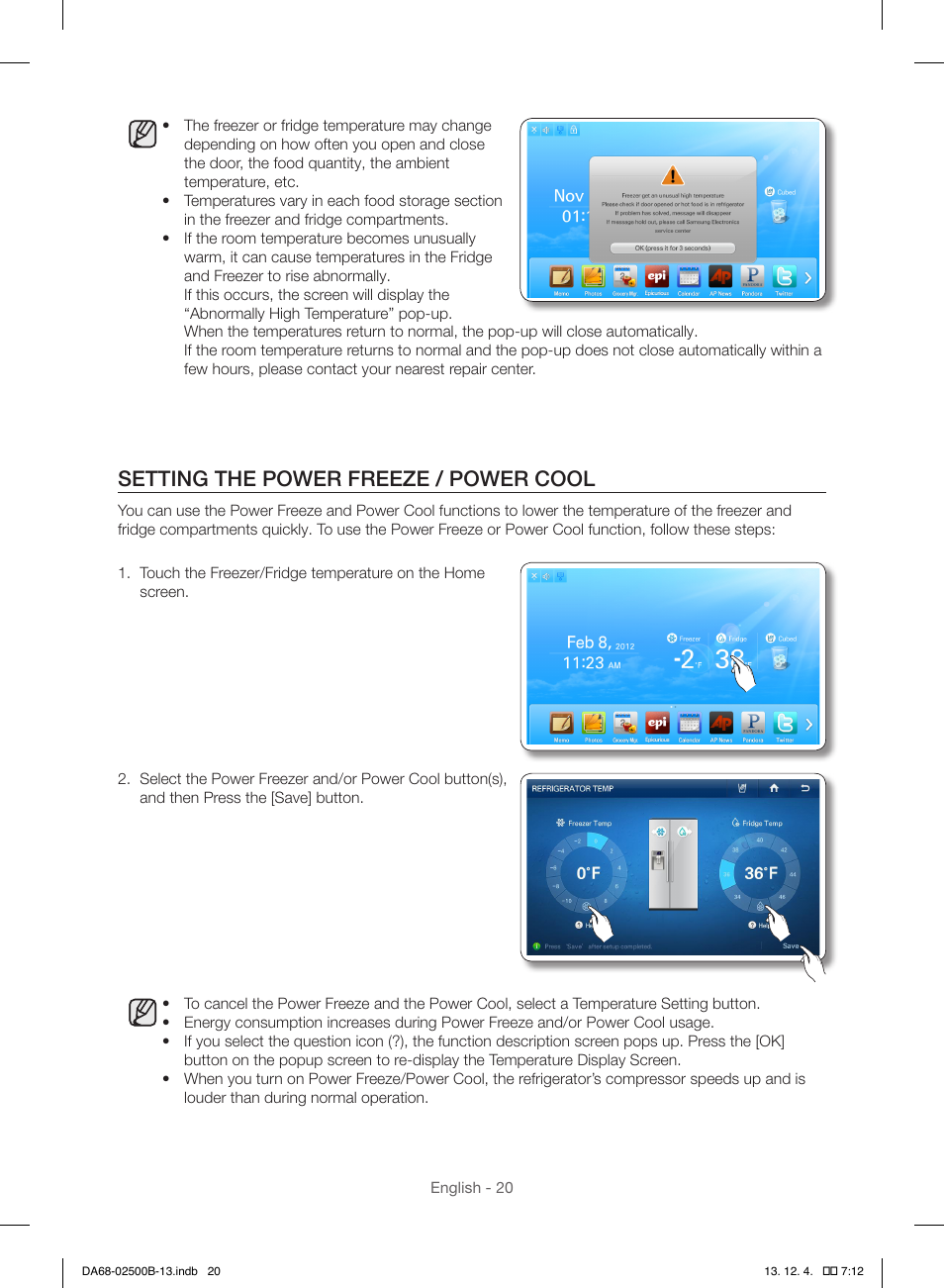 Setting the power freeze / power cool | Samsung RSG309AARS-XAA User Manual | Page 20 / 184