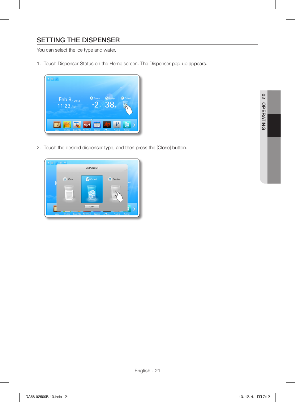 Setting the dispenser | Samsung RSG309AARS-XAA User Manual | Page 21 / 184
