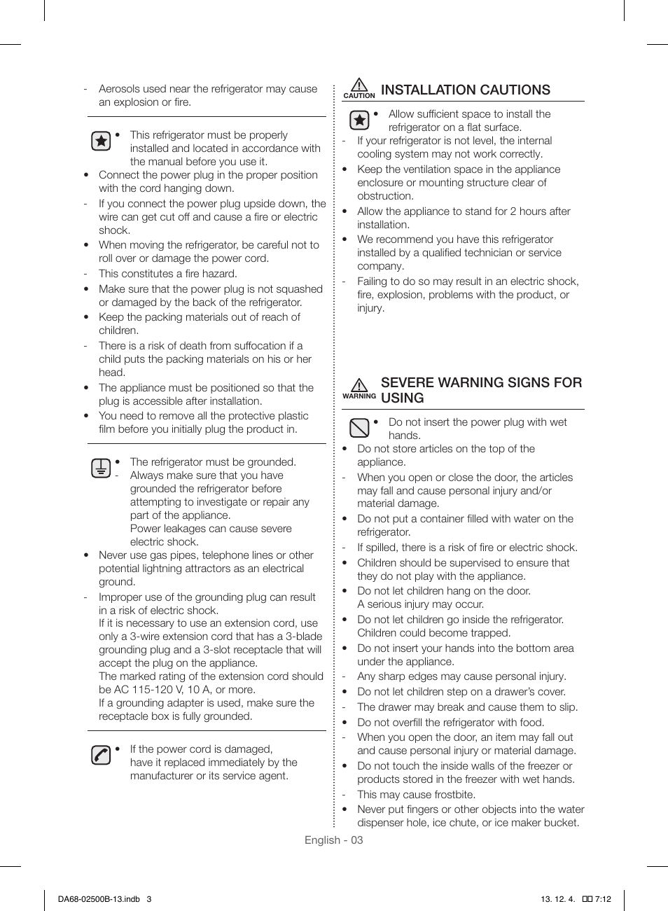 Installation cautions, Severe warning signs for using | Samsung RSG309AARS-XAA User Manual | Page 3 / 184