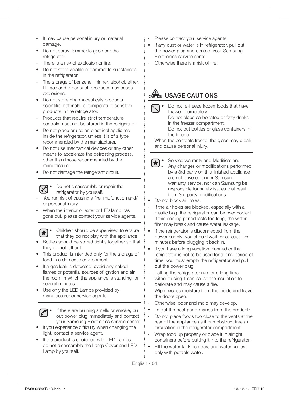 Usage cautions | Samsung RSG309AARS-XAA User Manual | Page 4 / 184