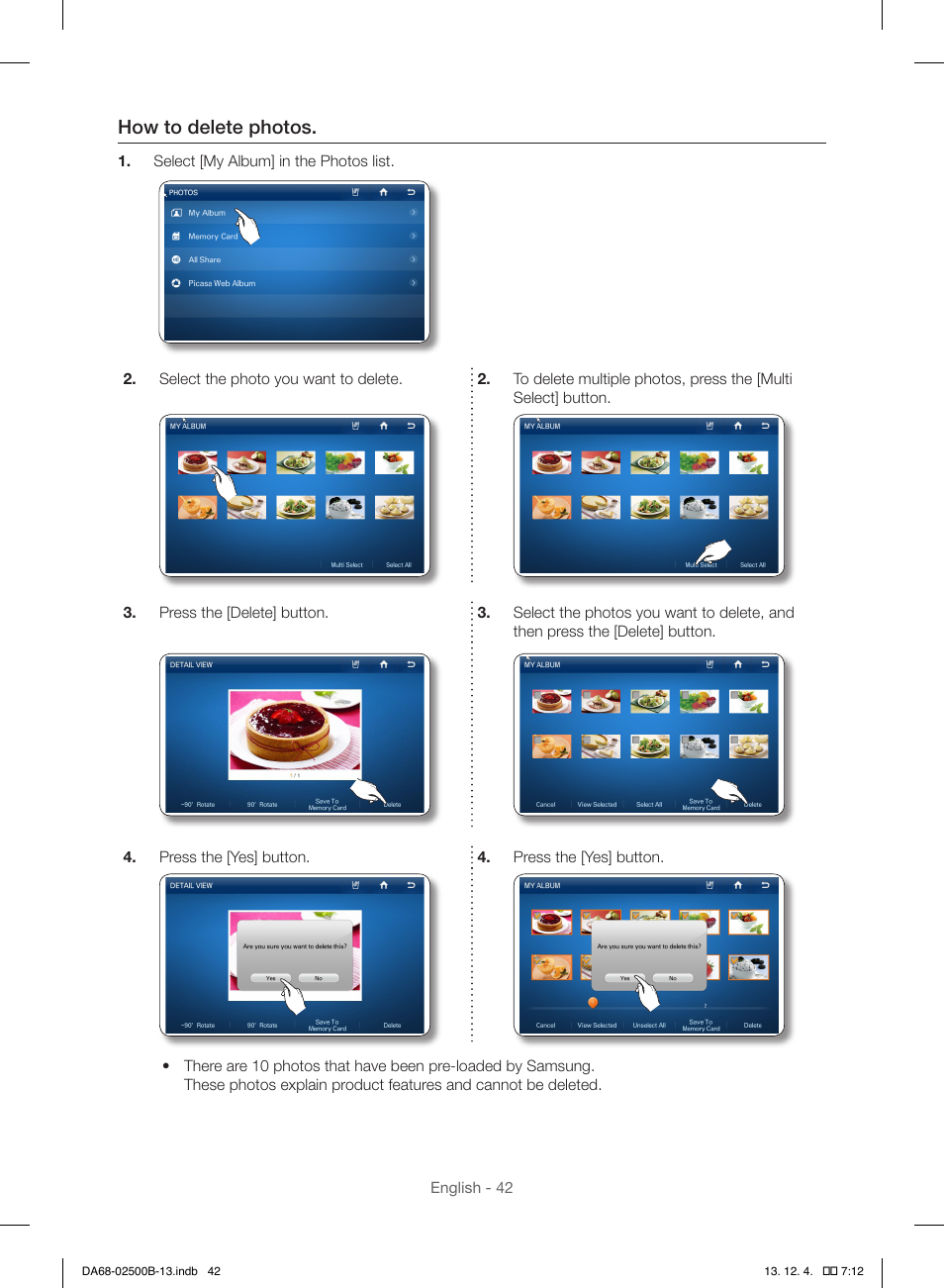How to delete photos | Samsung RSG309AARS-XAA User Manual | Page 42 / 184