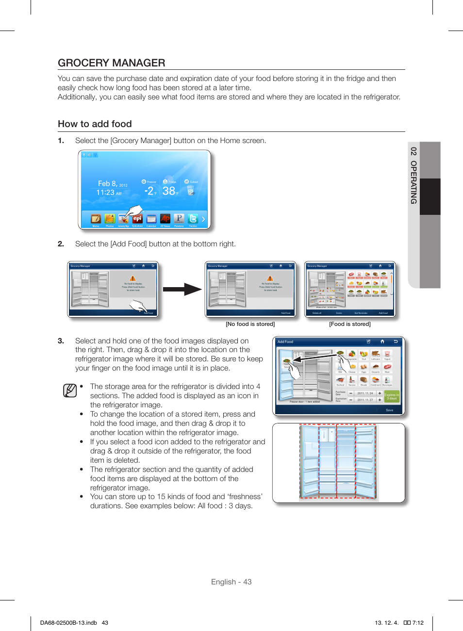 Grocery manager, How to add food | Samsung RSG309AARS-XAA User Manual | Page 43 / 184