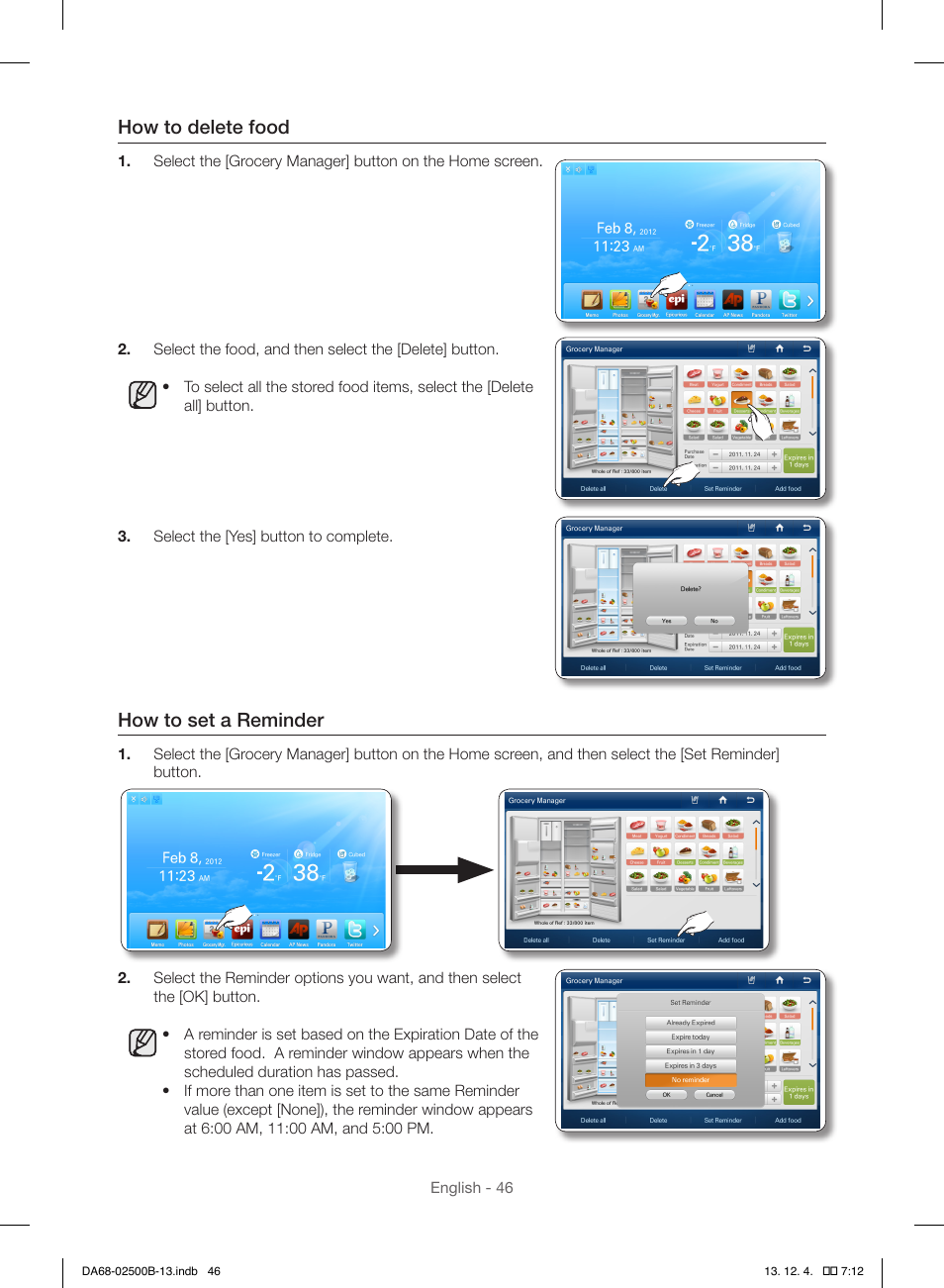 How to delete food, How to set a reminder | Samsung RSG309AARS-XAA User Manual | Page 46 / 184