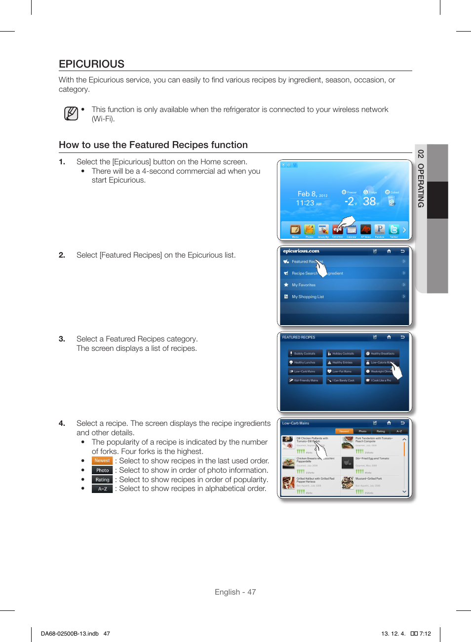 Epicurious, How to use the featured recipes function | Samsung RSG309AARS-XAA User Manual | Page 47 / 184