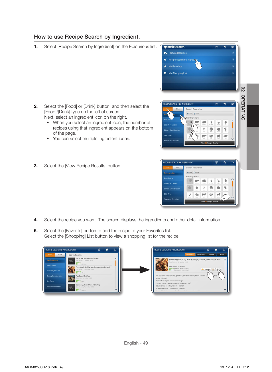 How to use recipe search by ingredient | Samsung RSG309AARS-XAA User Manual | Page 49 / 184